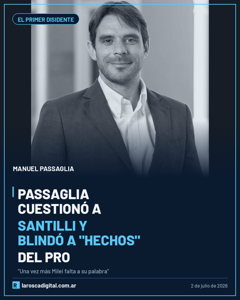 Retrato en blanco y negro de Manuel Passaglia, diputado bonaerense, con el título "Passaglia cuestionó a Santilli y blindó a 'Hechos' del PRO" sobre fondo navy con acentos celestes de La Rosca Digital.