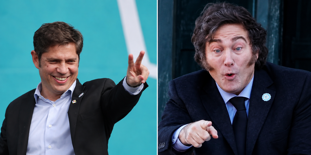 Montaje de Javier Milei y Axel Kicillof enfrentados, ilustración de la encuesta de balotaje 2027