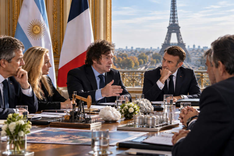 Reunión bilateral entre los presidentes de Argentina y Francia en un salón con la Torre Eiffel de fondo