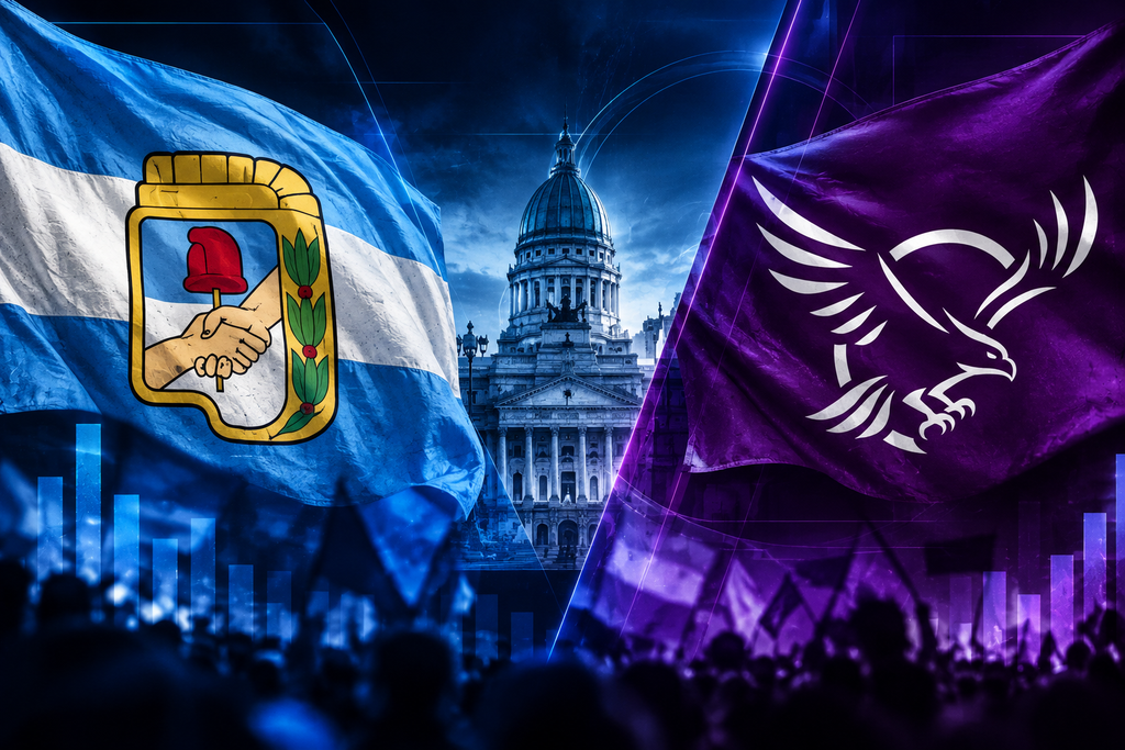 Ilustración con banderas argentinas y el Congreso de fondo, nota sobre la encuesta de balotaje 2027