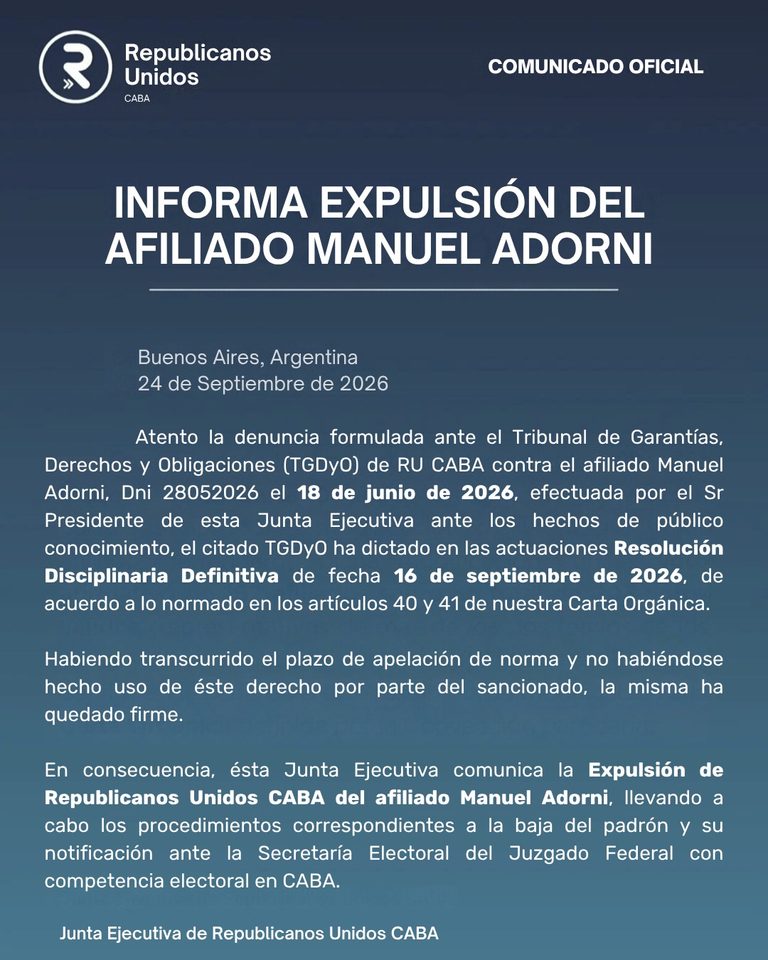 Documento de Republicanos Unidos que informa la expulsión del afiliado Manuel Adorni