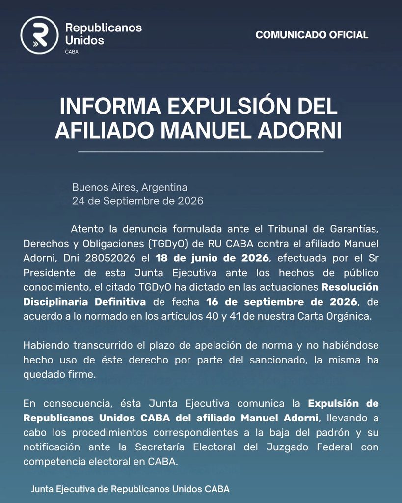REPUBLICANOS UNIDOS EXPULSÓ A ADORNI: NUNCA SE HABÍA DESAFILIADO