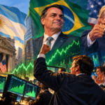 Ilustración de Flávio Bolsonaro con la bandera de Brasil y un gráfico bursátil en alza