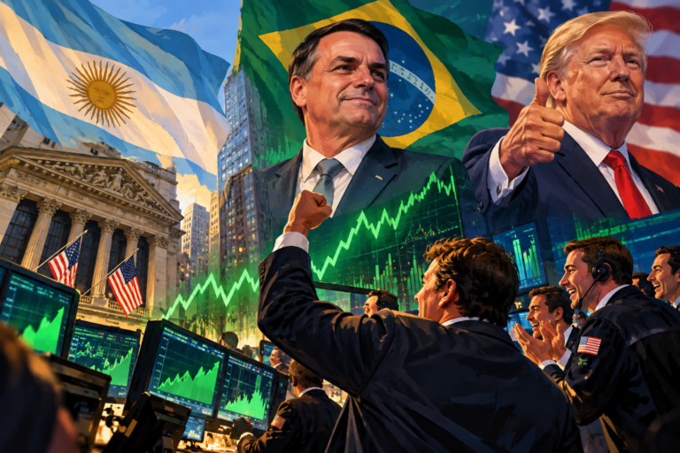 Ilustración de Flávio Bolsonaro con la bandera de Brasil y un gráfico bursátil en alza