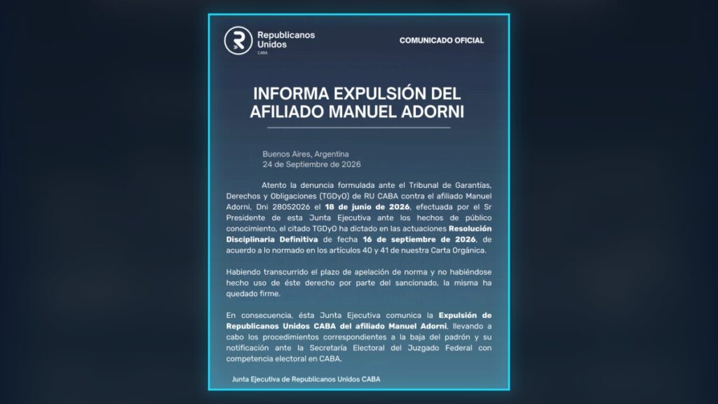 Documento de Republicanos Unidos que informa la expulsión del afiliado Manuel Adorni