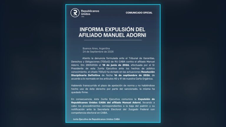 Documento de Republicanos Unidos que informa la expulsión del afiliado Manuel Adorni