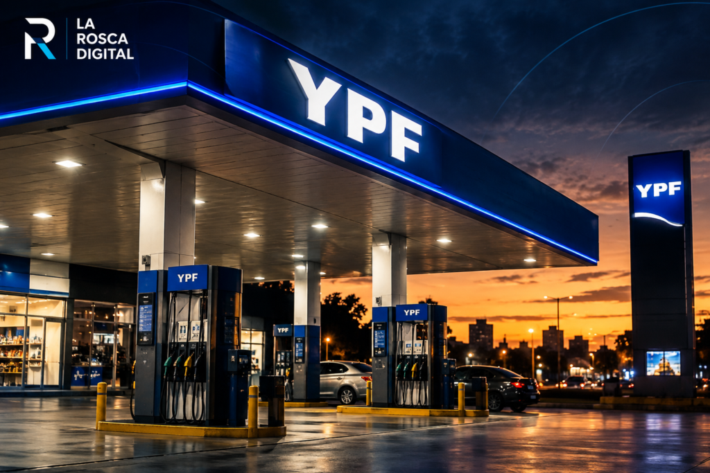 Estación de servicio YPF iluminada al atardecer